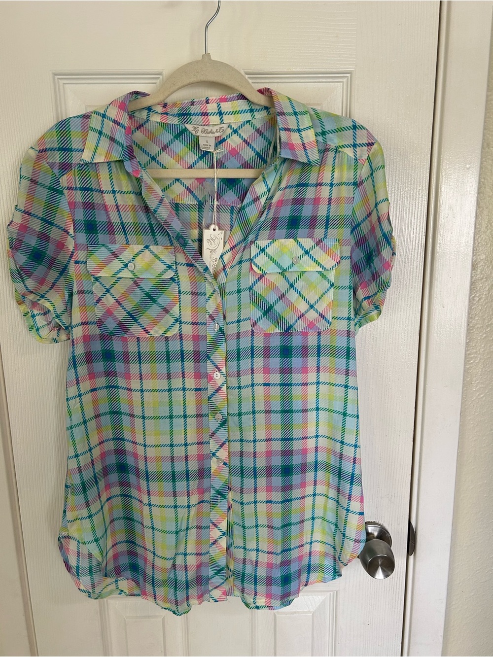 Lightweight Plaid Button-Up Shirt in Aqua, Pink & Lime